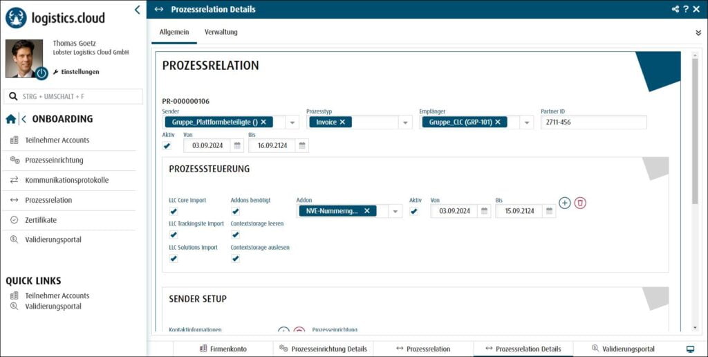 Screenshot vom E-Invoicing Portal von Lobster, in dem die Statusverfolgung zu sehen ist